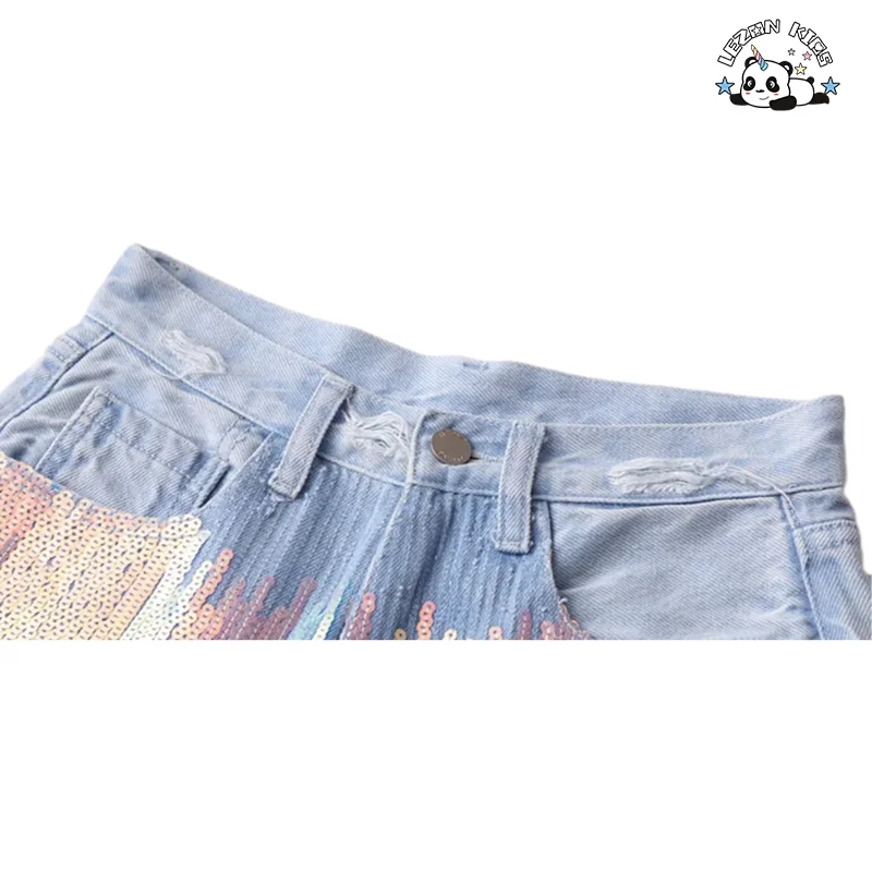 LEZONKIDS - Customizable Children Clothing Girls Mini Hot Shorts Iridescent Sequin Denim Shorts KIds